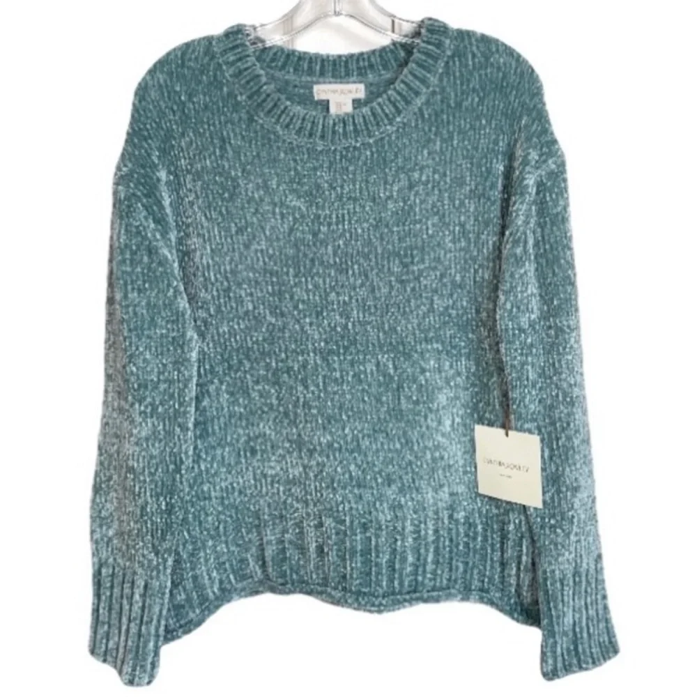 Soft Chenille Sweater Aqua Teal Turquoise Boxy Chunky Round Scoop Crew Neck XL - Picture 7 of 15